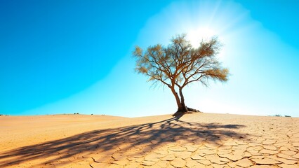 Lone tree silhouetted in desert sunlight.