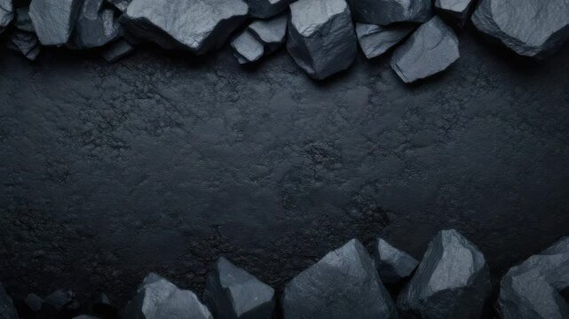 Black stone background with rough texture and scattered dark rocks forming natural frame and moody atmosphere, creating rugged rock border perfect for design or presentation use