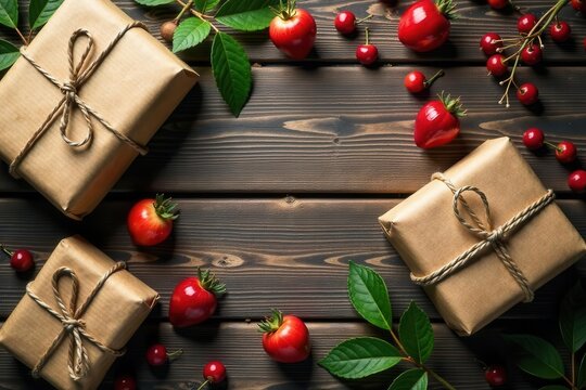 Rustic wooden backdrop, aged packages tied with twine , worn, rustic, parcel