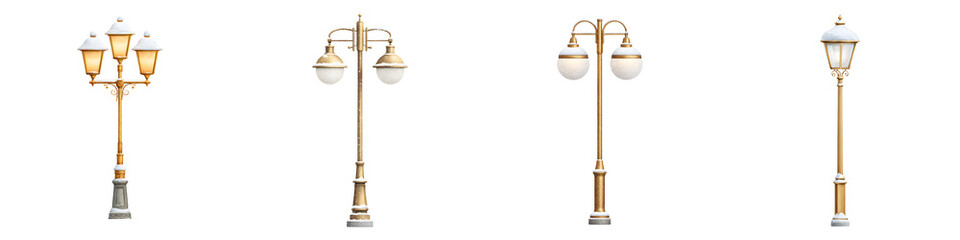 Vintage Street Light Collection: Ornate Victorian Style Lamps on White Background