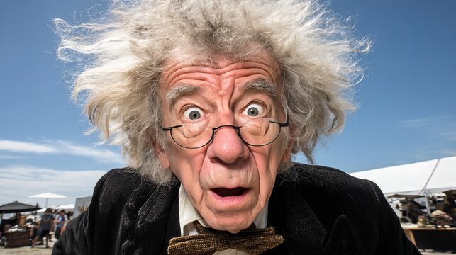 Surprised elderly man with wild gray hair and round glasses expressing shock or amazement
