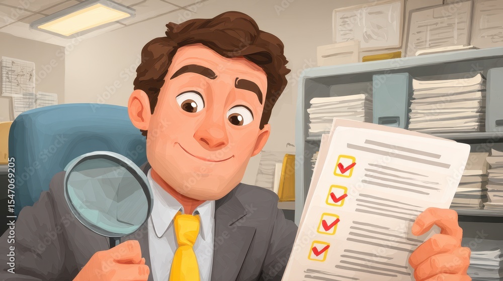 Aufkleber manager evaluating employee performance with documents and magnifying glass in office space