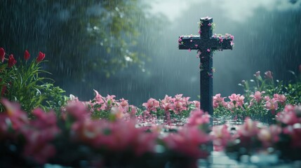 Obraz premium Conceptual view of Christian cross under rain of flowers. Concept for catholic religion and holy week 