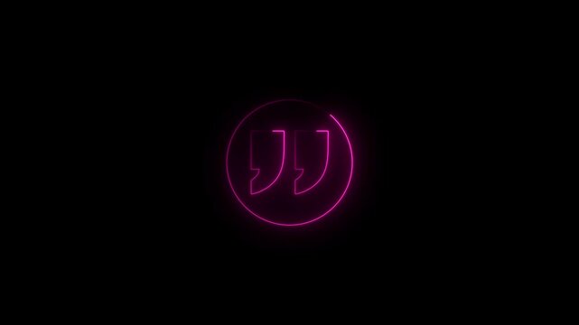 glowing neon Quotation mark up icon animation.concept of callout text template on a black background.