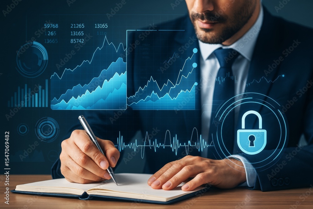 Poster business professional analyzing financial data with futuristic interface and lock icon representing 