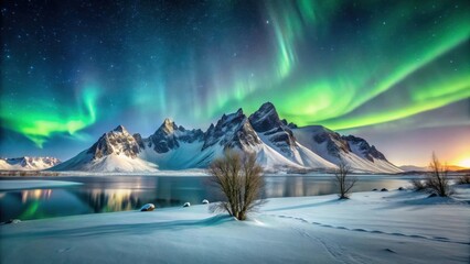 Serene Winter Landscape with Vibrant Aurora Borealis Display Over Majestic Snow-Covered Peaks and Tranquil Frozen Lake