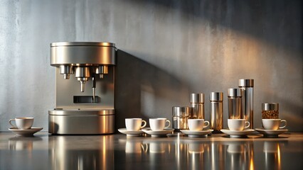 Stylish Espresso Machine with Coffee Cups and Metal Containers on a Sleek Countertop