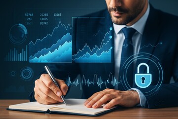Business professional analyzing financial data with futuristic interface and lock icon representing cybersecurity on dark blue background.