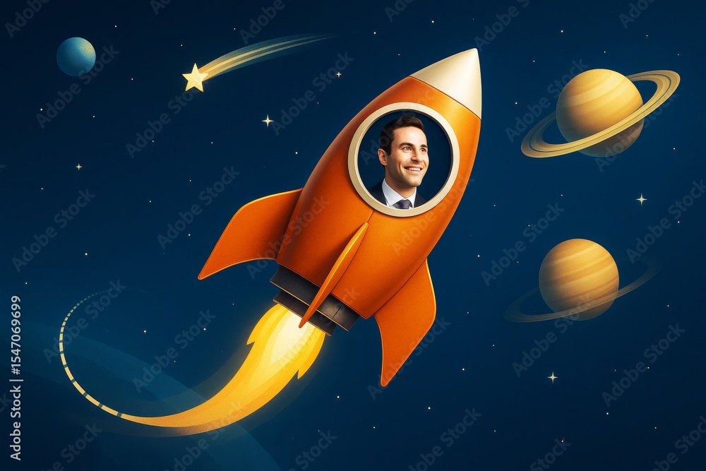 Poster businessman smiling inside orange rocket flying through space with planets and stars on dark blue ba