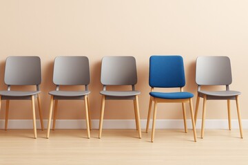 Fototapeta premium Row of modern chairs against light wall background with one unique blue chair symbolizing individuality and business concept.