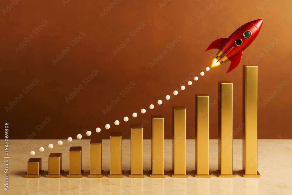 Poster Golden bar chart with red rocket soaring upward symbolizing business growth and progress on light abstract background in warm tones. Ai generative.