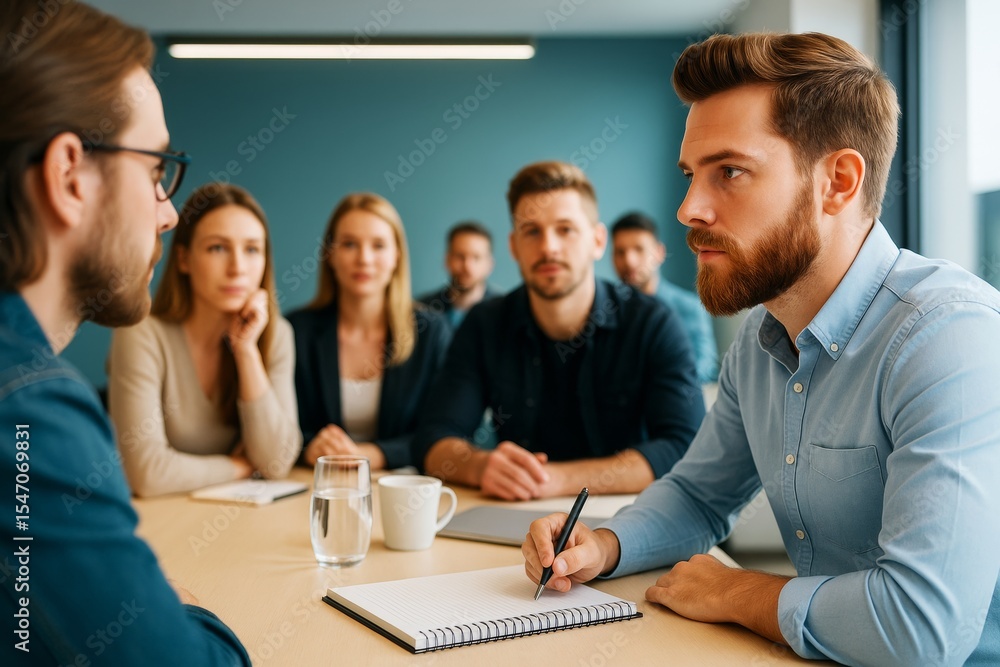 Poster focused business meeting with team discussing ideas in modern office with light background and colla