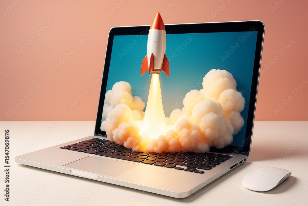 Poster rocket launching from laptop screen with smoke and light, symbolizing startup success and digital in