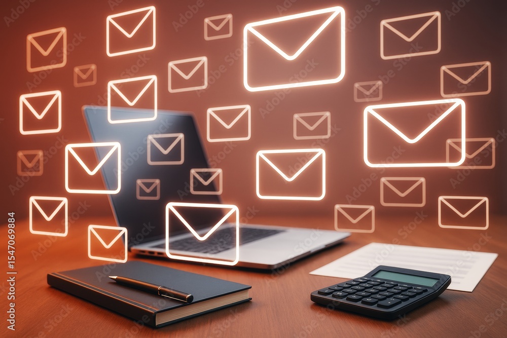 Poster Email communication concept with glowing envelope icons floating over a business desk setup with laptop, notebook, and calculator on wood background.