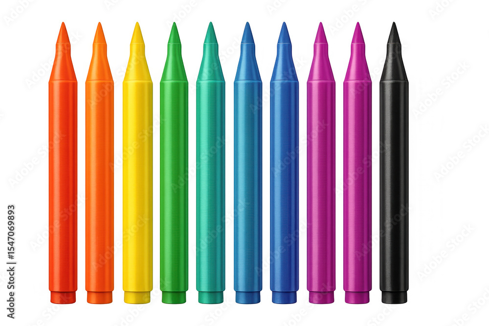 Poster colorful marker set featuring realistic vector rendering, transparent background highlighting artist