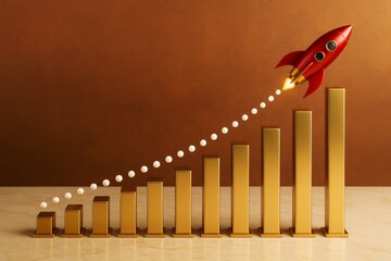 Golden bar chart with red rocket soaring upward symbolizing business growth and progress on light abstract background in warm tones. Ai generative.