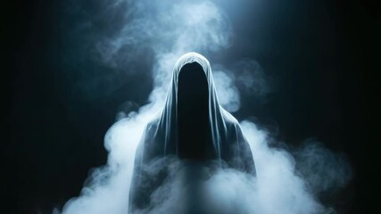 Mysterious silhouette cloaked in dark shadow surrounded by thick smoke and fog creating eerie spooky atmosphere with dramatic lighting and haunting shadow effects - Powered by Adobe