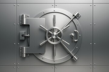 Obraz na płótnie Canvas Closed steel bank vault door with polished metallic finish on clean industrial wall background, symbolizing financial security and business protection.