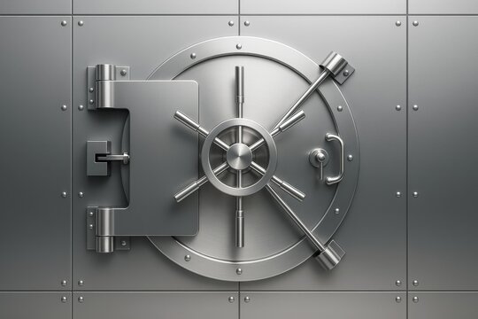 Closed steel bank vault door with polished metallic finish on clean industrial wall background, symbolizing financial security and business protection.