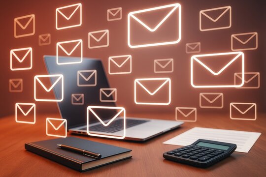 Email communication concept with glowing envelope icons floating over a business desk setup with laptop, notebook, and calculator on wood background.