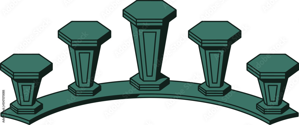Poster five teal hexagon pedestals on curved platform illustration vector graphic design and art rendering 