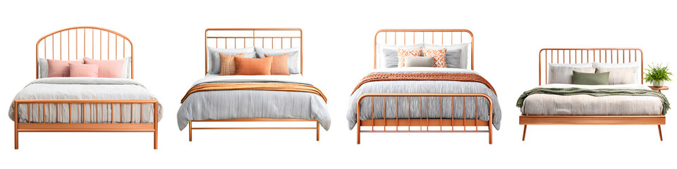 Copper Metal Frame Beds with Pillows Isolated on White Background