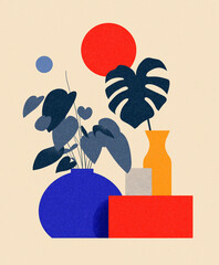 indoor plants, simple gouache illustration, bright and vibrant, flat style