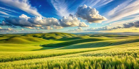 Obraz premium Serene Rolling Hills Under a Dramatic Sky A pastoral landscape showcasing the beauty of undulating green fields and a vibrant, cloud-filled sunset