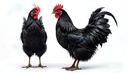 Two sleek black roosters with vibrant red combs, standing side-by-side