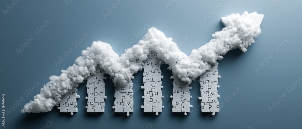 Poster puzzle pieces forming growth metric shape with clouds in sky representing business success and progr