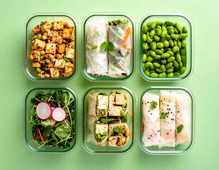 Top down shot of Asianinspired meal prep rice paper rolls, edamame, tofu, pickled radish, in clear containers against a pale green background, high definition
