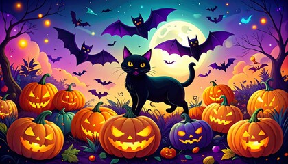 Spooky Halloween Night: Black Cat Among Jack-o'-lanterns and Bats