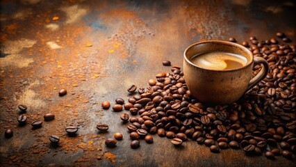Naklejka premium Aromatic Dark Roast Coffee Beans Surround a Small Cup of Espresso on a Rustic Surface