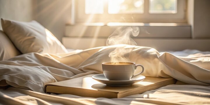 A steaming cup of morning beverage rests on a book beside a bed, bathed in warm sunlight streaming through a window.