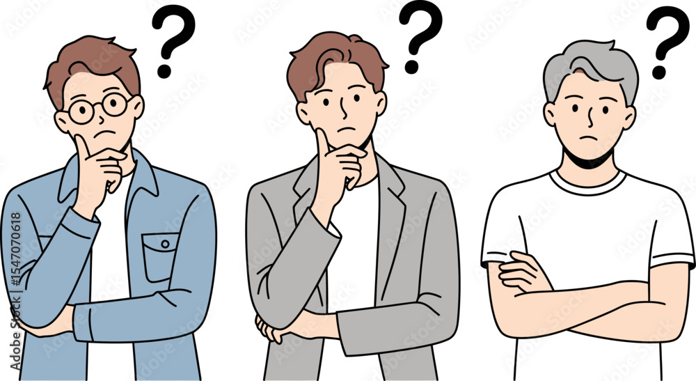 Poster three men thinking hard vector illustration concept for problem solving and decision making process 