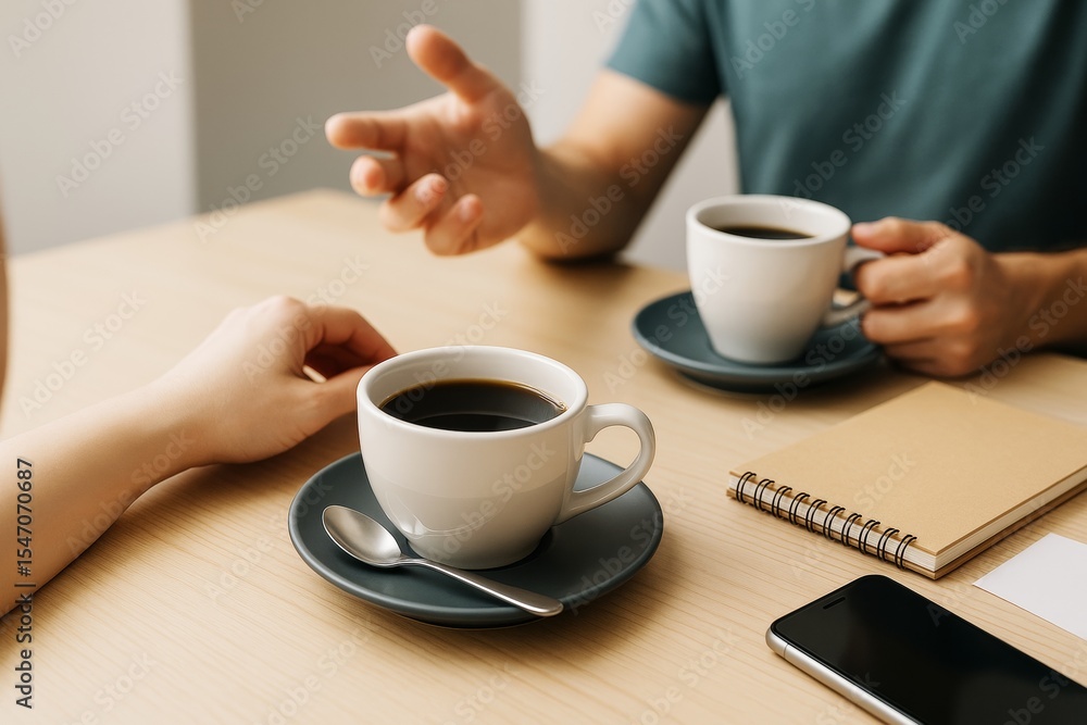 Poster two people having coffee and conversation at a wooden table with notepad and smartphone in soft ligh