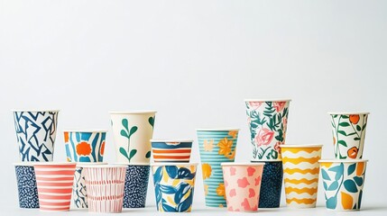 Colorful Paper Cups with Floral and Geometric Designs on Display