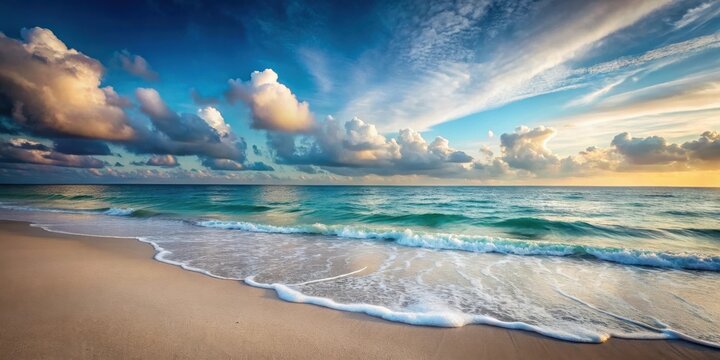 Serene Coastal Scene Gentle Waves Rolling Onto a Sandy Shore Under a Dramatic, Cloud-Filled Sky at Sunrise