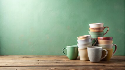 A rustic wooden surface displays a charming arrangement of stacked ceramic mugs and cups against a muted green backdrop
