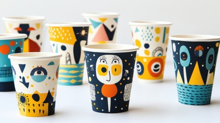Colorful Illustrated Paper Cups with Fun Patterns and Designs