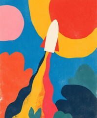 Rocket taking off. Vibrant. abstract gouache flat paint background