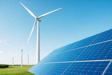 Wind turbines and solar panels on a sunny day in a green field, symbolizing clean energy and sustainability in a bright natural environment.
