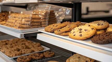 Freshly Baked Cookies on Shelves at Bakery Displaying Variety