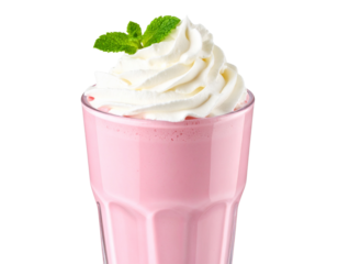 Cold Strawberry Milkshake with Swirls of Whipped Cream and Mint Leaf Garnish, Transparent Background