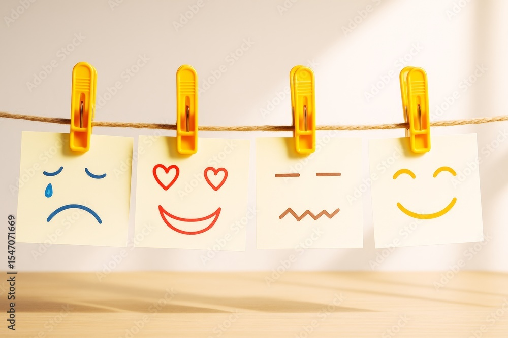 Poster sticky notes with emotional faces clipped on string under warm light on wooden surface, expressing m