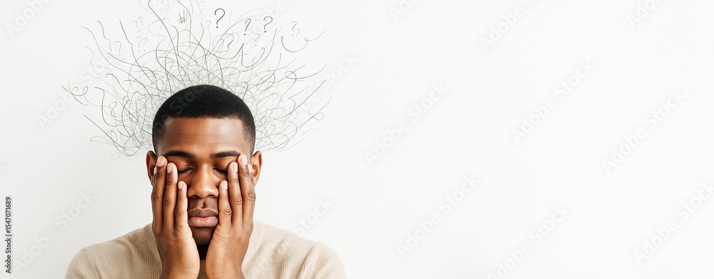 Poster Frustrated man holding face with eyes closed, abstract scribbles and question marks above head on white background with copy space for design or poster.