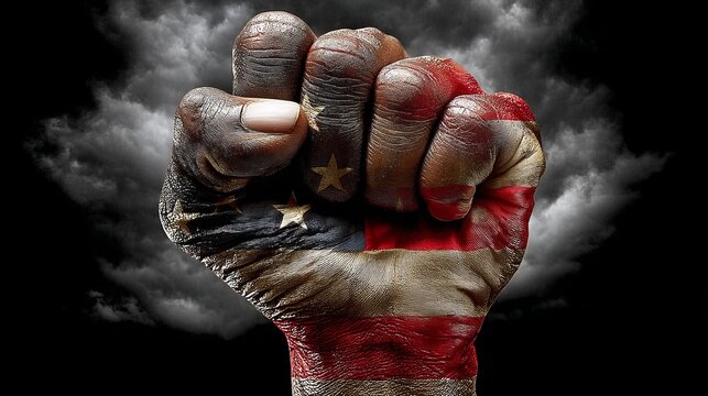 A clenched fist painted with the colors and symbols of the Russian flag against a stormy sky