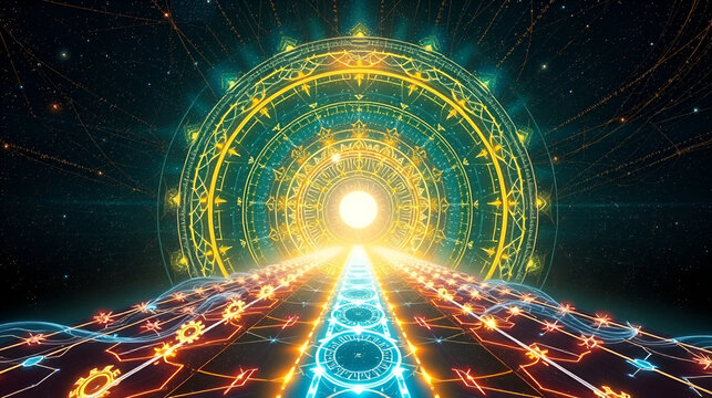 Universal truths visualized glowing cosmic patterns and symbolic light paths emphasizing the pursuit of knowledge and meaning
