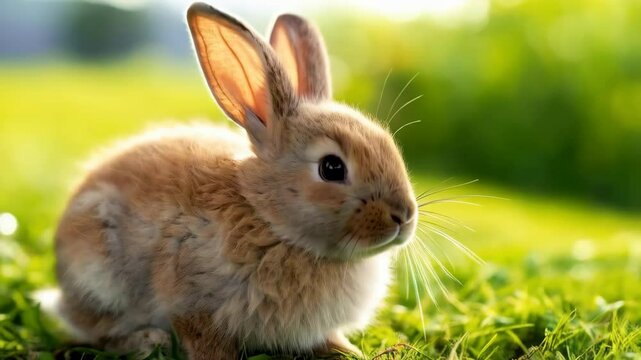 Adorable rabbit in green meadow, soft focus image of small bunny sitting in bright grass, close-up nature portrait of easter animal in spring field