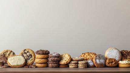 Assorted Delicious Cookies on a Wooden Table Against Neutral Backdrop